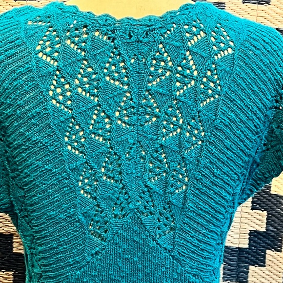 Jade teal open crochet knit sweater form fitted short sleeve tunic long length‎ - Picture 6 of 17